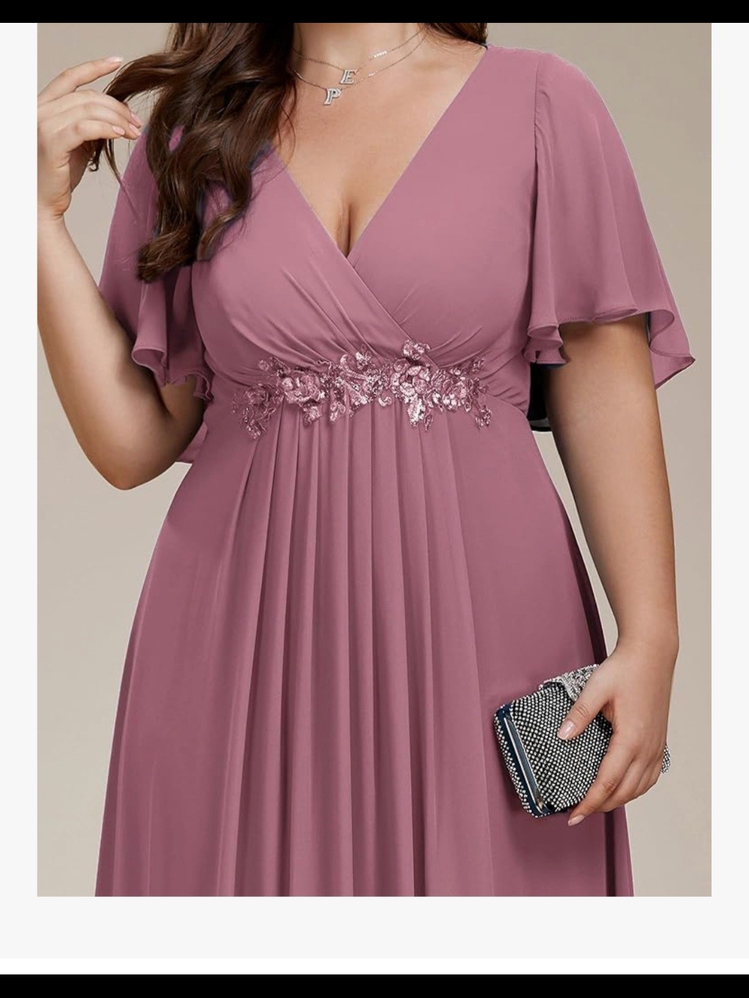 Elegant Plus-Size Flutter Sleeve V-Neck Dress In Mauve